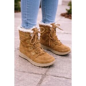 Sorel Women's Explorer Joan waterproof suede boots.